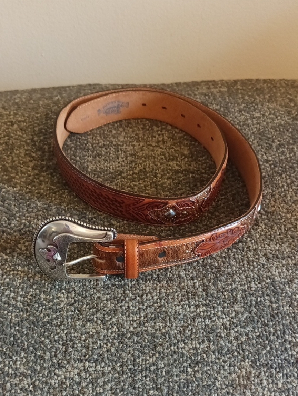 Justin Boots Tooled Brown Leather Western Belt with Silver Buckle Size 36